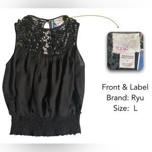 NWT Ryu Black Slip Blouse with Crocheted Top & Ruched Waist; Size: L